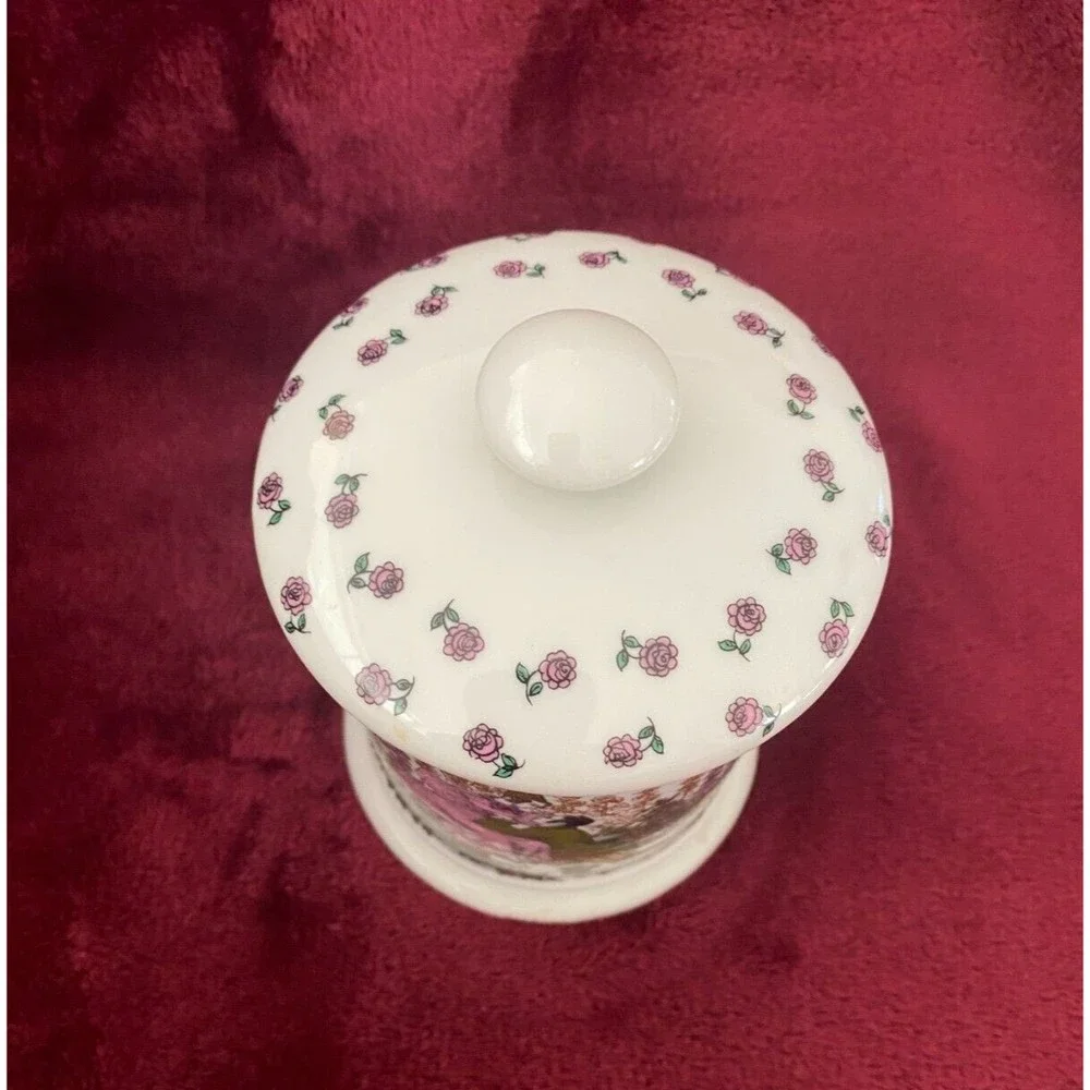 Vintage Porcelain Courting Couple Floral Cotton Ball Vanity Jar West Germany